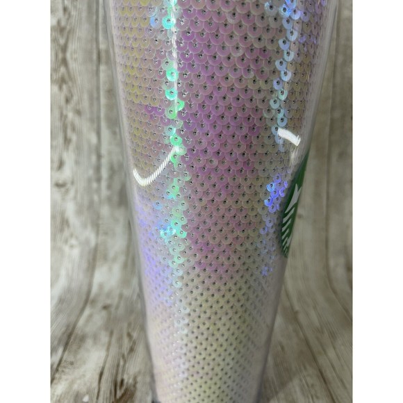 NEW!! Starbucks Cup Holiday 2020 Pink White Sequin Plastic Cold Tumbler 24oz - Picture 6 of 9